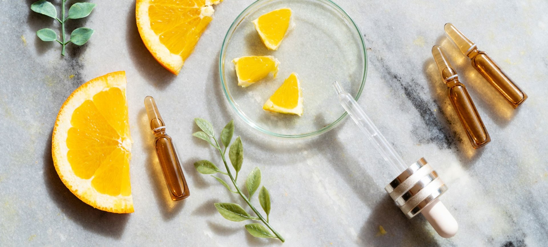 Stillleben mit Orangenscheiben & -Stücken, Glasschale Pipetten & Kräuterzweigen