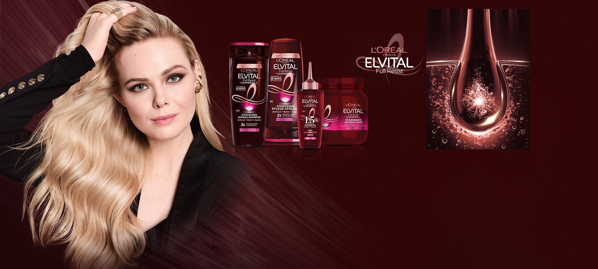 Elvital Full Resist Produktreihe mit Elle Fanning, die sich durch ihr Haar fährt