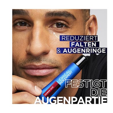 Ein junger Mann mit Power Age Produkt - Produktvorteil reduziert Falten & Augenringe