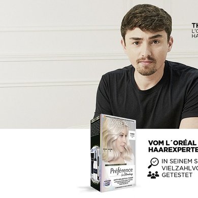 Bild von Thomas Tuccinardi, einem L'Oréal Haarexperten und Produktabbildung einer Nuance von LeBlonding