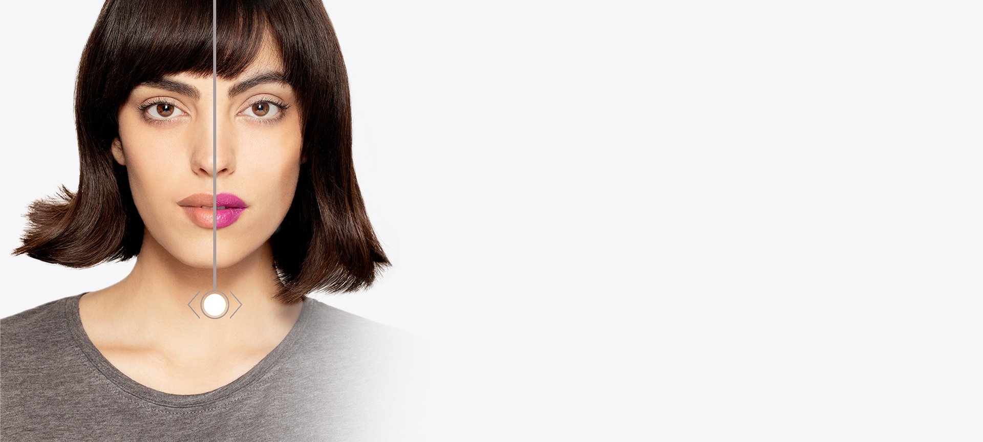 Gesicht einer Frau mit Make-up mit Vorher / Nachher Vergleich