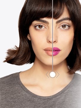 Gesicht einer Frau mit Make-up mit Vorher / Nachher Vergleich