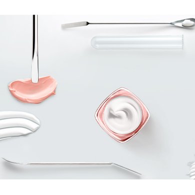 Verschiedene Laborgeräte und Cremeproben