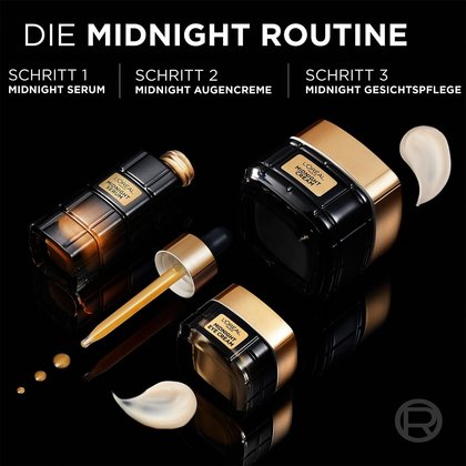 Die Midnight Routine mit Produktabbildungen von Serum, Augencreme & Gesichtspflege