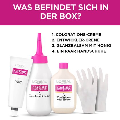 Inhalt der Casting Creme Gloss Packung: Eine Tube, zwei Flaschen und Handschuhe
