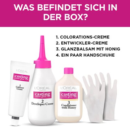 Inhalt der Casting Creme Gloss Packung: Eine Tube, zwei Flaschen und Handschuhe