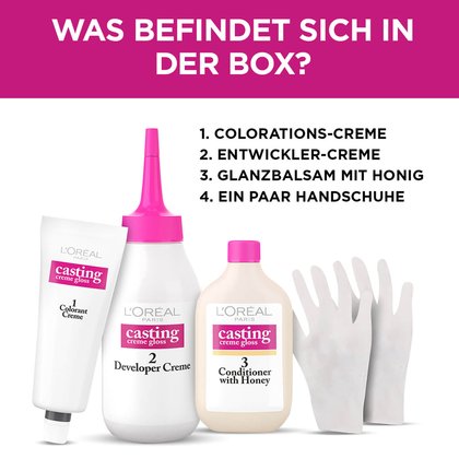 Inhalt der Casting Creme Gloss Packung: Eine Tube, zwei Flaschen und Handschuhe