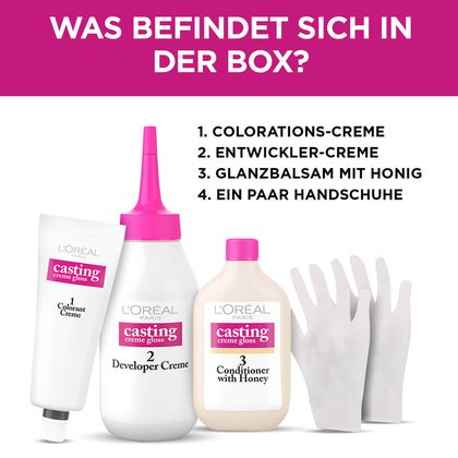Inhalt der Casting Creme Gloss Packung: Eine Tube, zwei Flaschen und Handschuhe