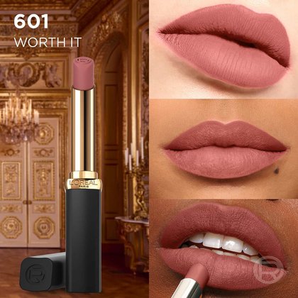 Collage zu Color Riche Intense Volume Matte Lippenstift 601 Worth It - Produktdetails mit Nahaufnahmen
