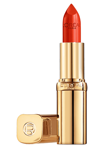 aufgedrehter Color Riche Satin Lippenstift in der Farbe Perfect Red geoeffneter Deckel liegt daneben