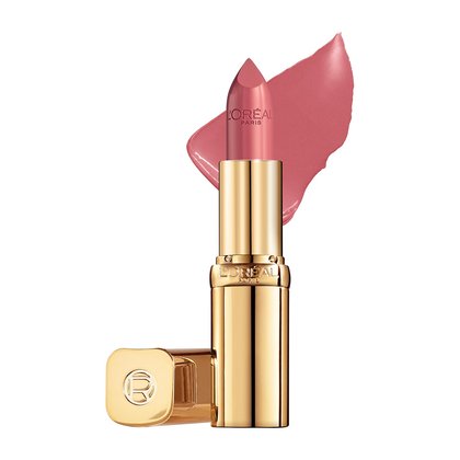 Farbbeispiel und geoeffneter Lippenstift Color Riche Satin in der Farbe Rose Glance
