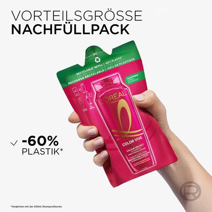 Text: Vorteilsgrösse Nachfüllpack -60% Plastik; daneben Produkt von einer Hand gehalten