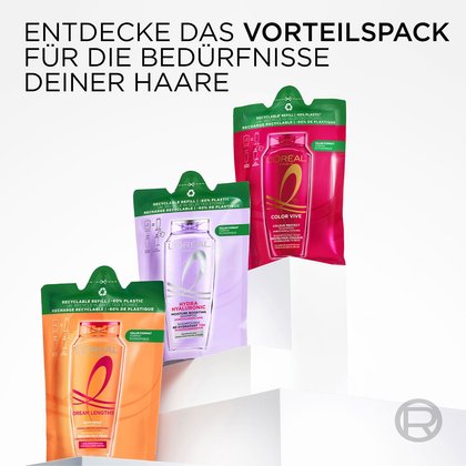 3 Elseve Shampoos im Nachfüllpack; darüber Text: Entdecke das Vorteilspack für die Bedürfnisse Deiner Haare