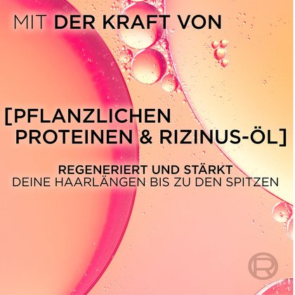 Nahaufnahme einer Flüssigkeit, darüber Text: Mit der Kraft von pflanzlichen Proteinen & Rizinus-Öl