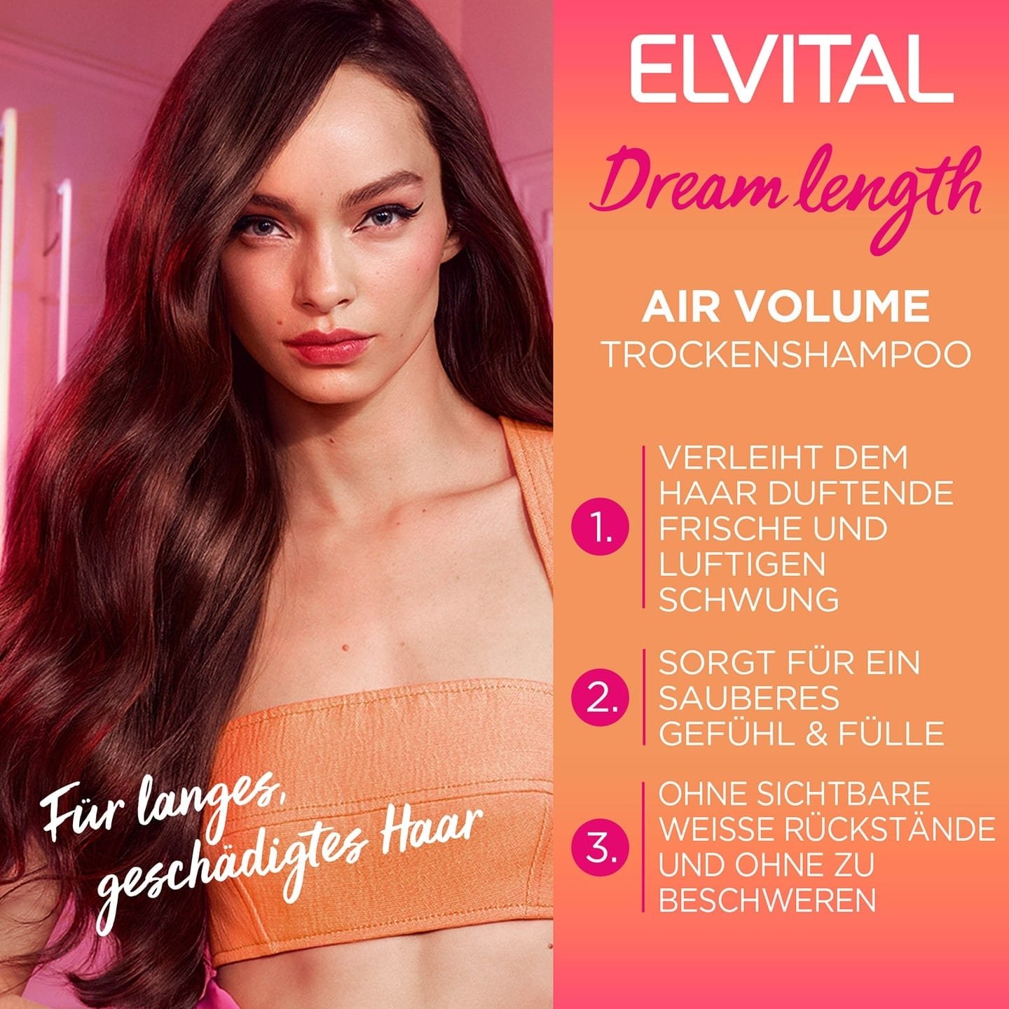 Vorteilskommunikation des Elvital Dream Lenght Air Volume Trockenshampoo