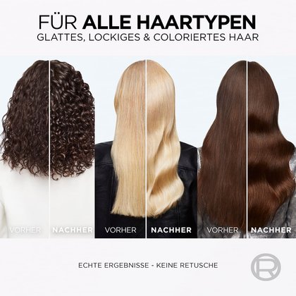 Vorher und Nachher Ergebnis des Elvital Glycolic Gloss Serums anhand drei verschiedener Haartypen