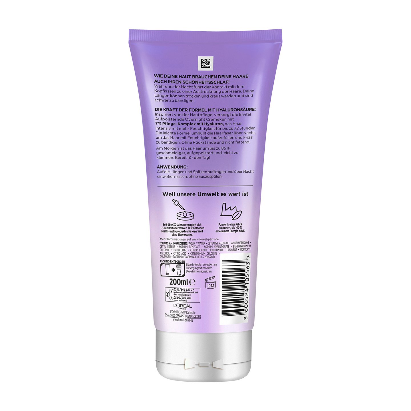 Elvital Hydra Hyaluronic Aufpolsternde Overnight Cremekur Verpackung hinten