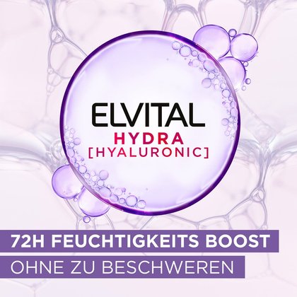Violette Flüssigkeit mit dem Elvital Hydra Hyaluronic Logo