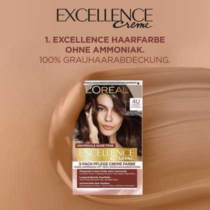 Excellence Universal Nude Mittelbraun Produktverpackung auf braunem Hintergrund