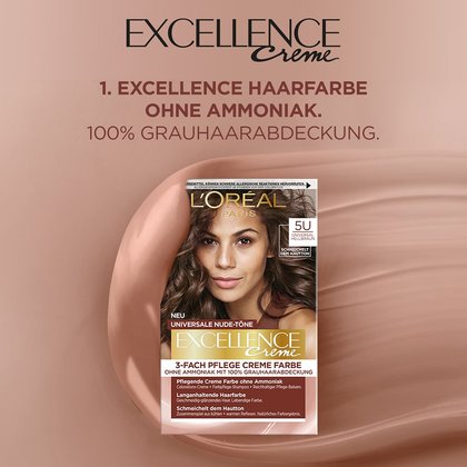 Excellence Universal Nude Hellbraun Produktverpackung auf braunem Hintergrund