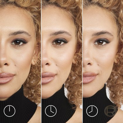 3x Ausschnitt eines Gesichts einer jungen Frau mit Zeitangabe nach Auftrag von Infaillible 3-Second Setting Mist