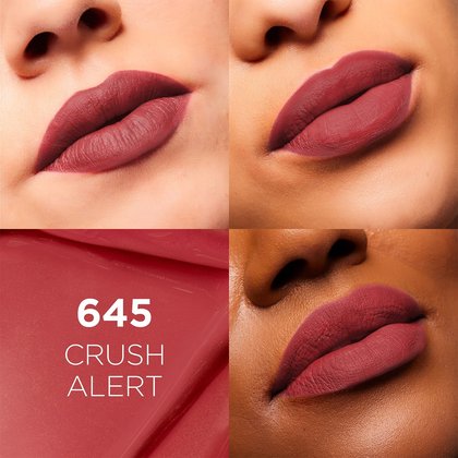 Infaillible Matte Resistance Nude 645 Crush Alert Fotocollage die den Lippenstift auf aufgetragenen Lippen zeigt
