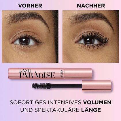 Augenbereich einer jungen Frau & geöffneter Mascara - vorher / nachher Vergleich bei Anwendung