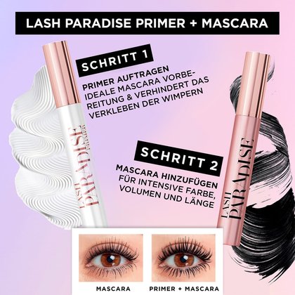 Augenbereich einer jungen Frau & geöffneter Lash Paradise Primer - vorher / nachher Vergleich bei Anwendung