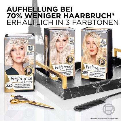 Preference Le Blonding Formel mit 70 Prozent weniger Haarbruch plus 3 Produktabbildungen der Serie